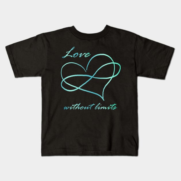 Love without Limits - Poly Pride aqua, teal infinity heart Kids T-Shirt by Wanderer Bat